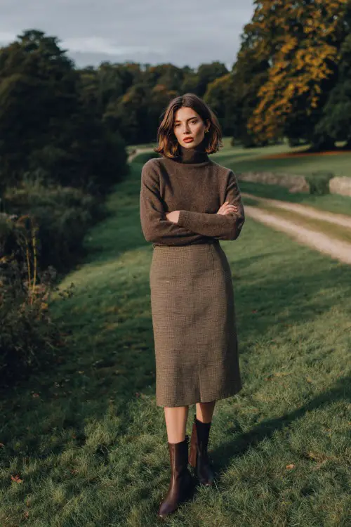 A woman over 30 wears a fitted turtleneck sweater with a wool midi skirt and Chelsea boots, standing in an autumn park, full-body fashion photography