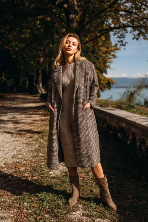 A woman over 30 wears a plaid long wool coat over a fitted knit dress with Chelsea boots, standing in an autumn park, full-body fashion photography, soft seasonal light