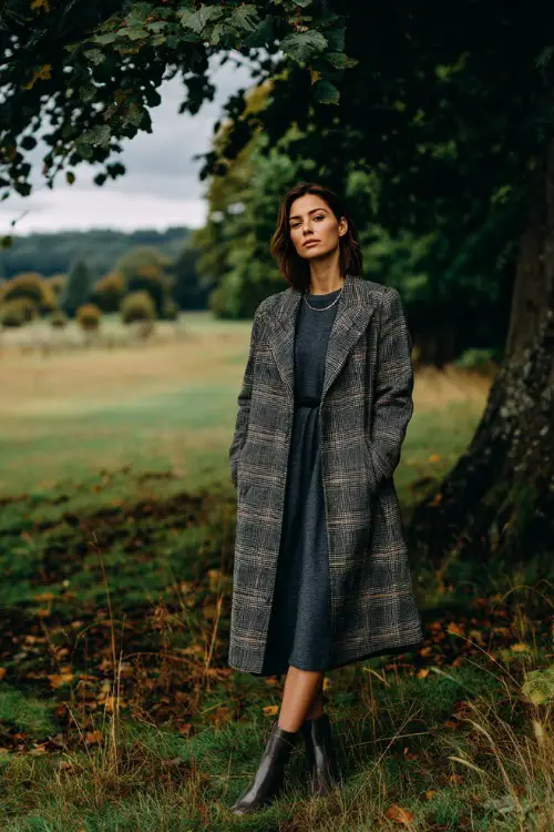 A woman over 30 wears a plaid wool coat over a fitted knit dress with Chelsea boots, standing in an autumn park, full-body fashion photography, soft seasonal light 