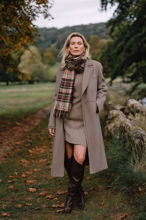 A woman over 30 wears a wool coat with a plaid scarf, fitted knit dress, Chelsea boots, standing in an autumn park, full-body fashion photography 
