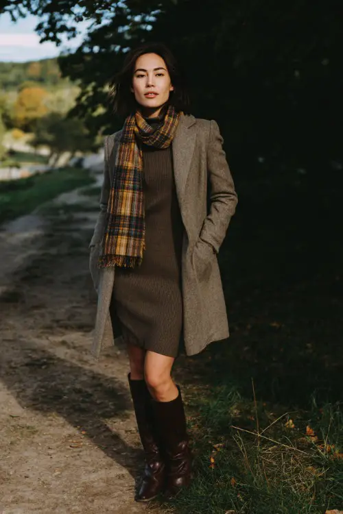 A woman over 30 wears a wool coat with a plaid scarf, fitted knit dress, Chelsea boots, standing in an autumn park, full-body fashion photography