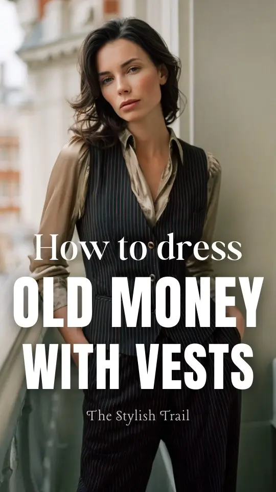 A woman over 30 wears an old money outfit with a vest layered over a silk blouse with tailored trousers and low heels