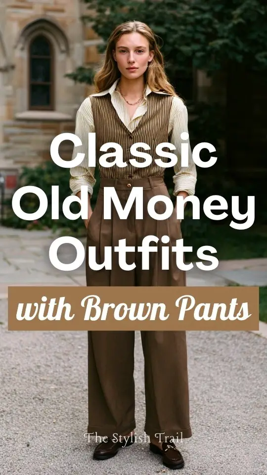 A woman over 30 wears an old money outfit with brown pants with a classic vest, button-down shirt, loafers