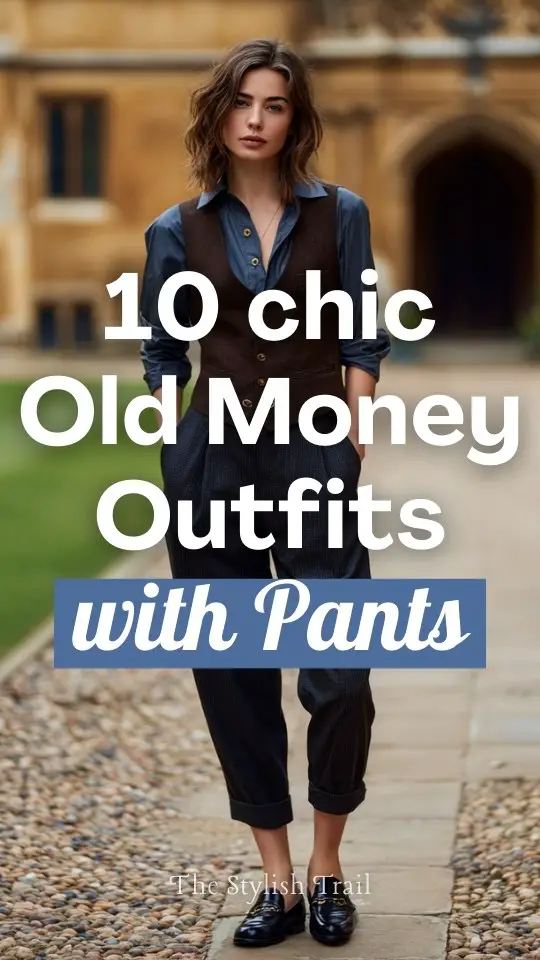 A woman over 30 wears an old money outfit with pants, a classic vest, button-down shirt, loafers, standing in a university courtyard