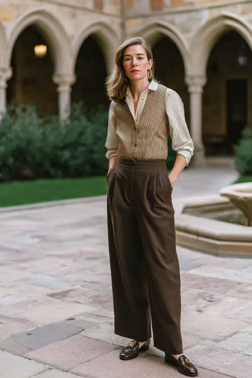 A woman over 30 wears high-waisted brown trousers with a classic vest, button-down shirt, loafers, standing in a university courtyard, full-body fashion photography 