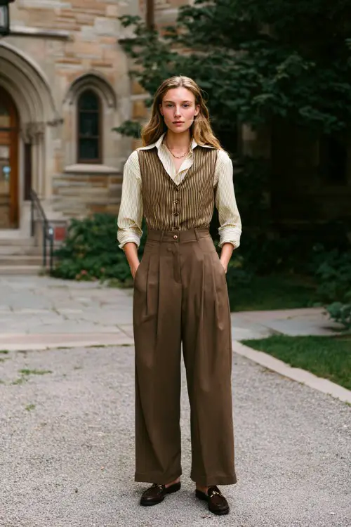A woman over 30 wears high-waisted brown trousers with a classic vest, button-down shirt, loafers, standing in a university courtyard, full-body fashion photography
