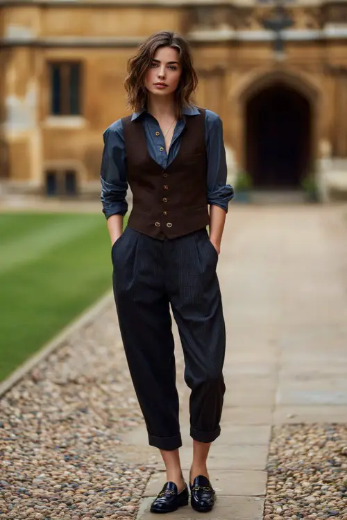 A woman over 30 wears high-waisted trousers with a classic vest, button-down shirt, loafers, standing in a university courtyard, full-body fashion photography 
