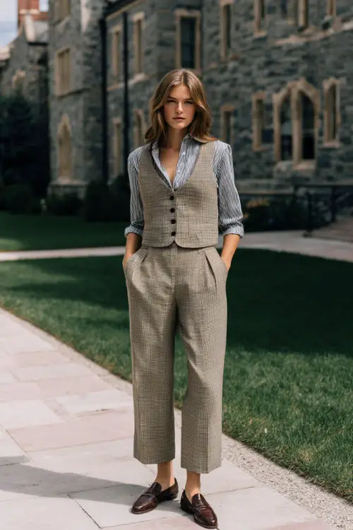 A woman over 30 wears high-waisted trousers with a classic vest, button-down shirt, loafers, standing in a university courtyard, full-body fashion photography