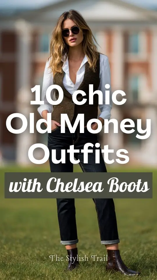 A woman over 30 wears old money outfit with Chelsea boots, straight-leg jeans with a crisp white shirt, and a wool vest