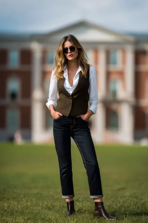A woman over 30 wears straight-leg jeans with a crisp white shirt, wool vest, and Chelsea boots, styled in a university courtyard, full-body fashion photography