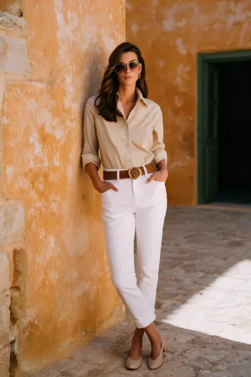 A woman over 30 wears white jeans paired with a linen shirt, woven belt, ballet flats, styled in a Mediterranean villa courtyard, full-body fashion photography