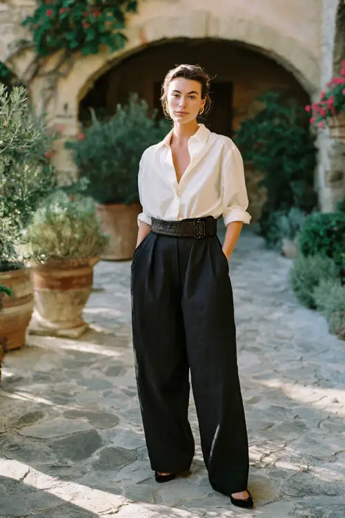 A woman over 30 wears wide-leg black trousers with a linen shirt, woven belt, and ballet flats, styled in a Mediterranean villa courtyard, full-body fashion photography