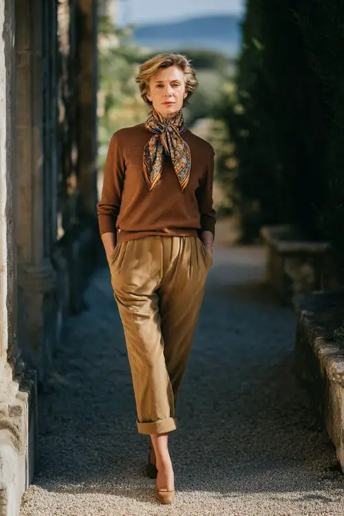 A woman over 40 wears a cashmere sweater with a patterned scarf, tailored trousers, low heels, posing in a countryside estate garden, full-body portrait 
