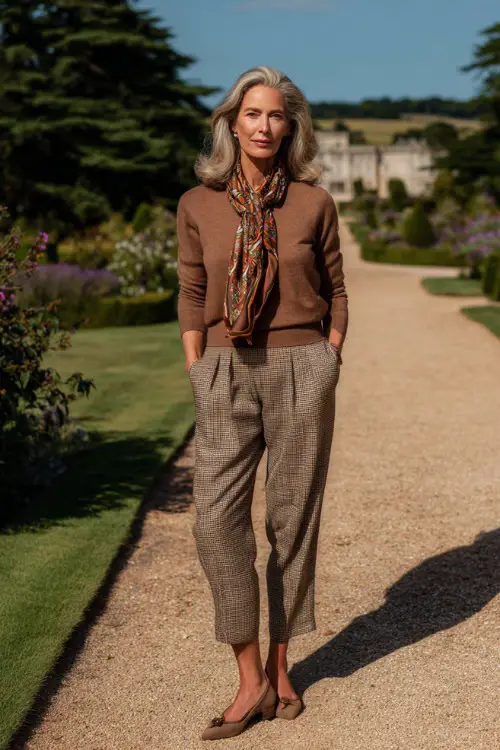 A woman over 40 wears a cashmere sweater with a patterned scarf, tailored trousers, low heels, posing in a countryside estate garden, full-body portrait