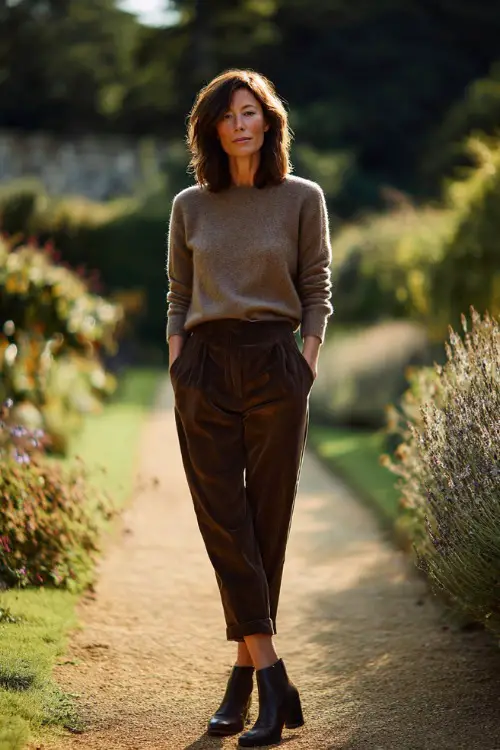 A woman over 40 wears a cashmere sweater with tailored trousers and suede Chelsea boots, photographed in a countryside estate garden, full-body portrait 