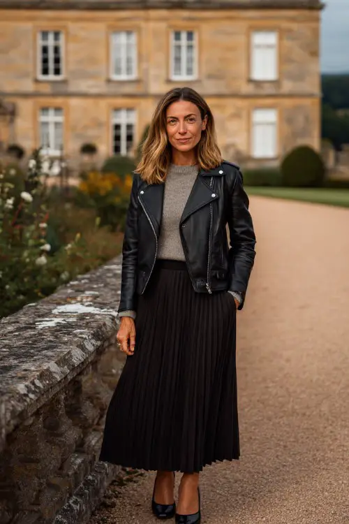 A woman over 40 wears a classic black leather jacket layered over a cashmere sweater and pleated midi skirt with low heels, photographed outside a country estate