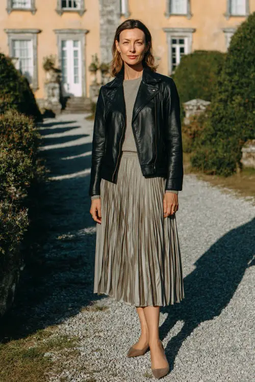 A woman over 40 wears a classic black leather jacket layered over a cashmere sweater and pleated midi skirt with low heels, photographed outside a country estate