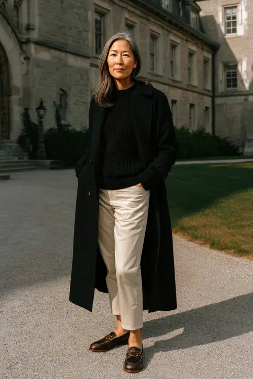 A woman over 40 wears a classic black long coat layered over a fine knit sweater, straight jeans, loafers, styled in a university courtyard, full-body fashion photography 