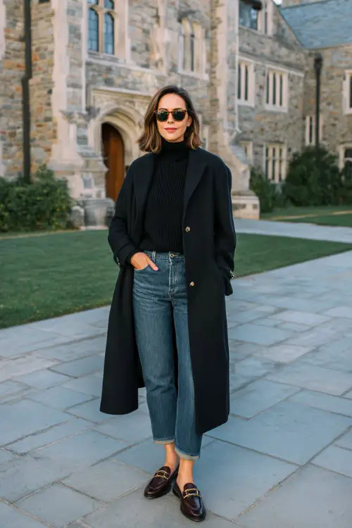 A woman over 40 wears a classic black long coat layered over a fine knit sweater, straight jeans, loafers, styled in a university courtyard, full-body fashion photography