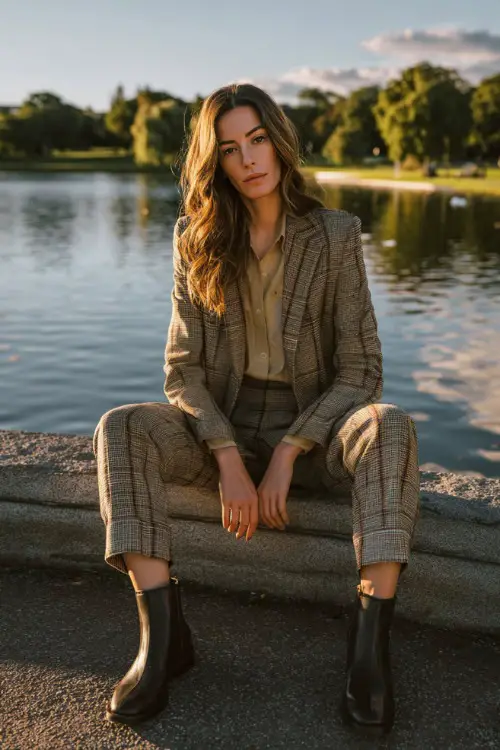 A woman over 40 wears a heritage plaid blazer with tailored trousers and Chelsea boots, styled in an autumn park, full-body fashion photography, golden hour lighting