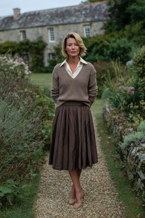 A woman over 40 wears a lightweight knit sweater layered over a collared shirt with a pleated midi skirt and low heels, photographed in a countryside estate garden 