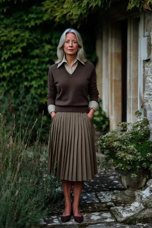 A woman over 40 wears a lightweight knit sweater layered over a collared shirt with a pleated midi skirt and low heels, photographed in a countryside estate garden