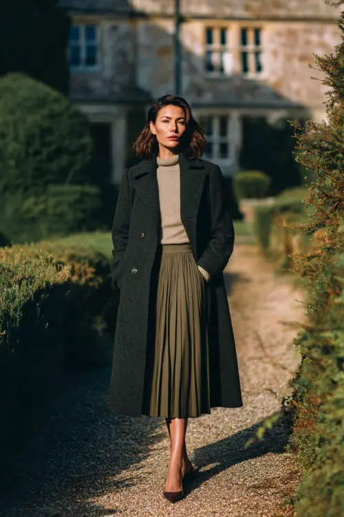 A woman over 40 wears a long wool coat layered over a pleated midi skirt, cashmere sweater, and low heels, photographed in a countryside estate garden