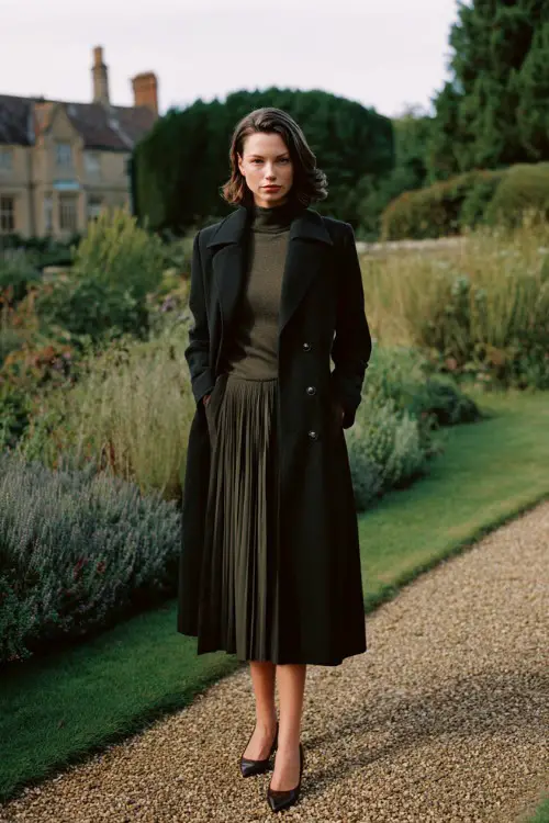 A woman over 40 wears a long wool coat layered over a pleated midi skirt, cashmere sweater, and low heels, photographed in a countryside estate garden 