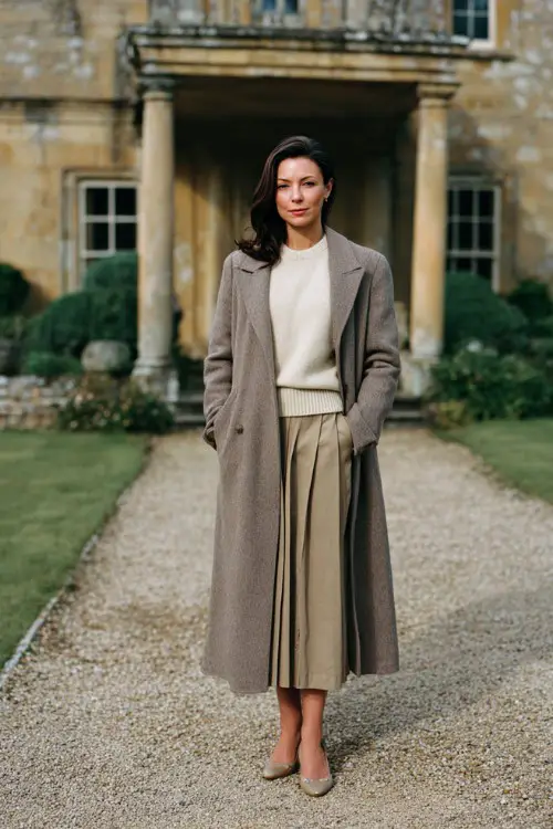 A woman over 40 wears a long wool coat layered over a pleated midi skirt, cashmere sweater, and low heels, photographed in a countryside estate garden 