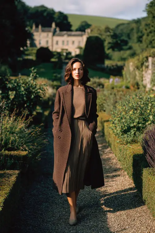 A woman over 40 wears a long wool coat layered over a pleated midi skirt, cashmere sweater, and low heels, photographed in a countryside estate garden