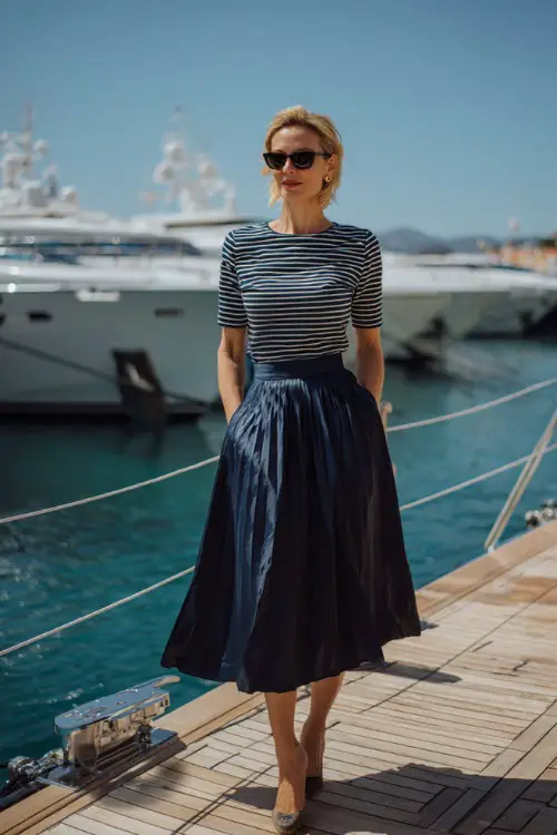 A woman over 40 wears a navy pleated skirt with a striped Breton top and low heels, styled on a yacht deck, full-body fashion photo, bright daylight, nautical old money aesthetic