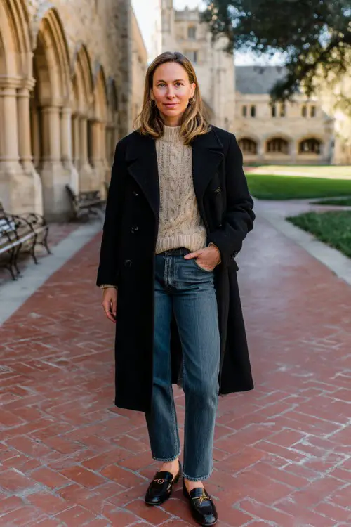 A woman over 40 wears a structured black coat layered over a fine knit sweater, straight jeans, loafers, styled in a university courtyard, full-body fashion photography
