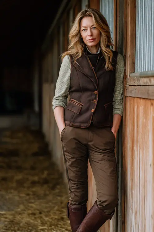A woman over 40 wears an equestrian-inspired vest layered over a fitted shirt with tailored riding pants and boots, photographed near a stable estate, full-body fashion photography