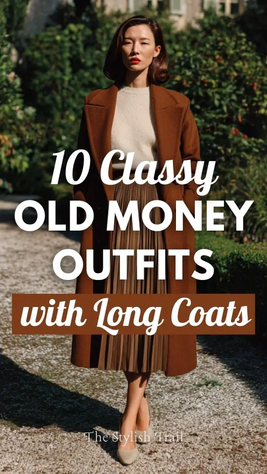 A woman over 40 wears an old money outfit with a long coat layered over a pleated midi skirt, cashmere sweater, and low heels