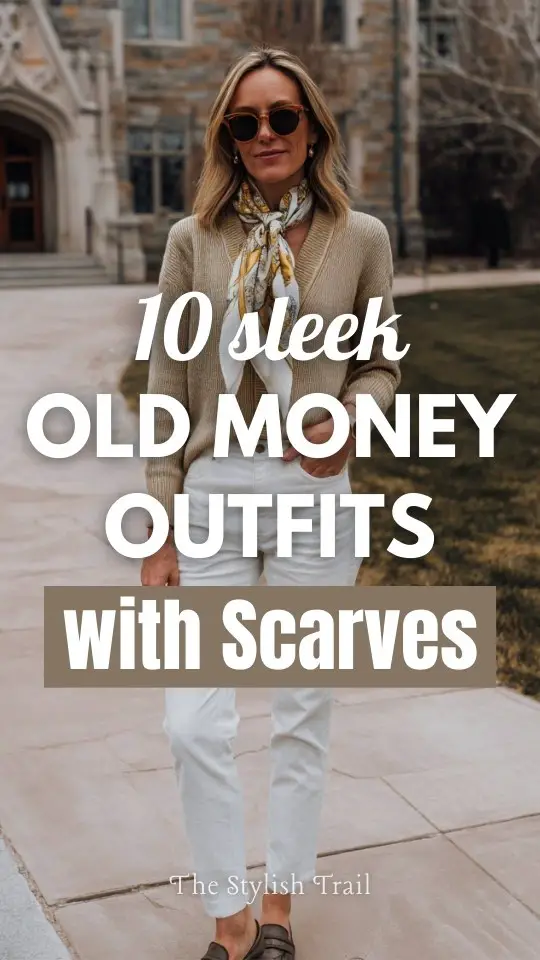 A woman over 40 wears an old money outfit with a scarf, a classic cardigan, straight jeans, loafers