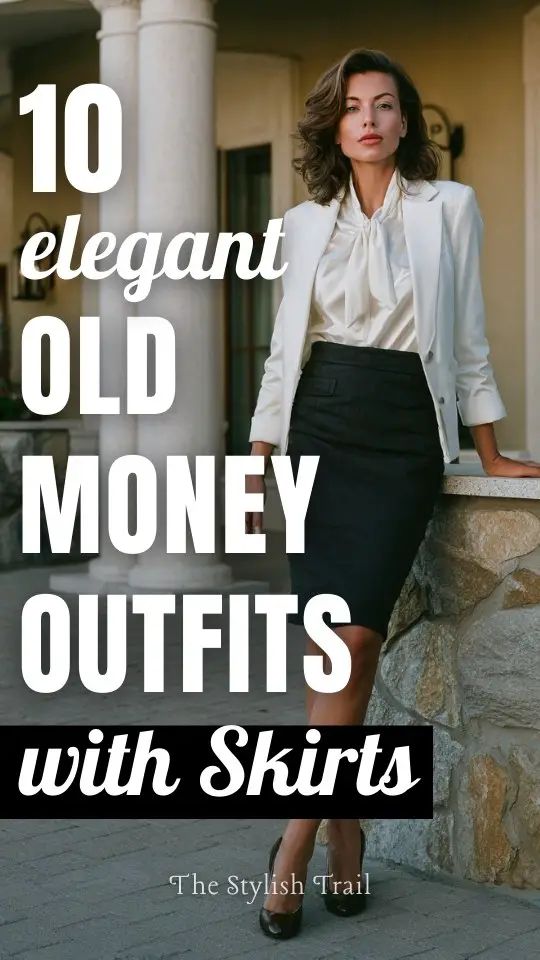 A woman over 40 wears an old money outfit with a skirt with a silk blouse and structured blazer, paired with low heels