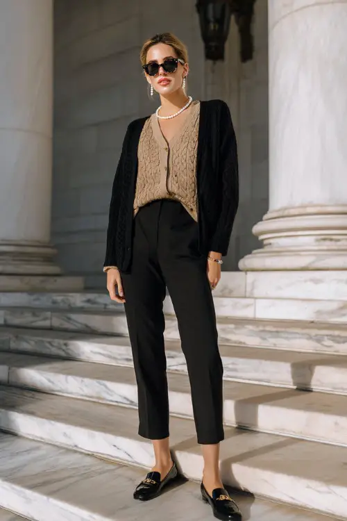 A woman over 40 wears black ankle trousers with a fine knit cardigan, pearl accessories, and loafers, standing on marble steps of a heritage building