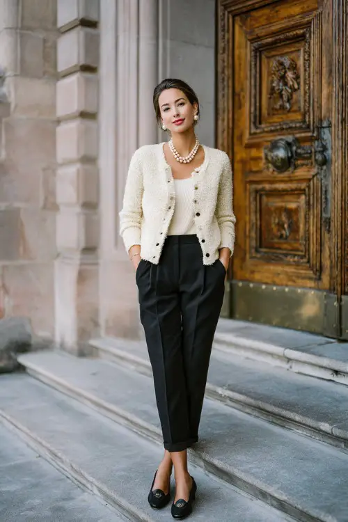 A woman over 40 wears black ankle trousers with a fine knit cardigan, pearl accessories, and loafers, standing on marble steps of a heritage building