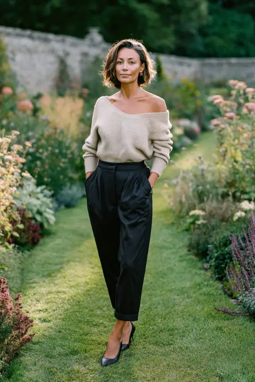 A woman over 40 wears high-waisted black pants with a cashmere sweater draped over shoulders and low heels, photographed in a countryside estate garden (2)