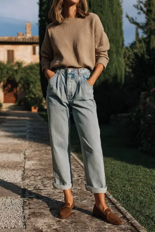 A woman over 40 wears high-waisted jeans with a cashmere sweater draped over shoulders and suede loafers, photographed in a countryside estate garden 
