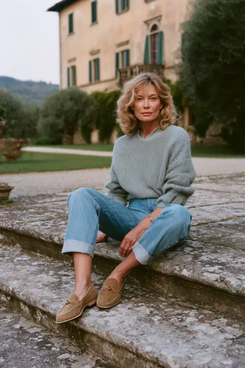 A woman over 40 wears high-waisted jeans with a cashmere sweater draped over shoulders and suede loafers, photographed in a countryside estate garden