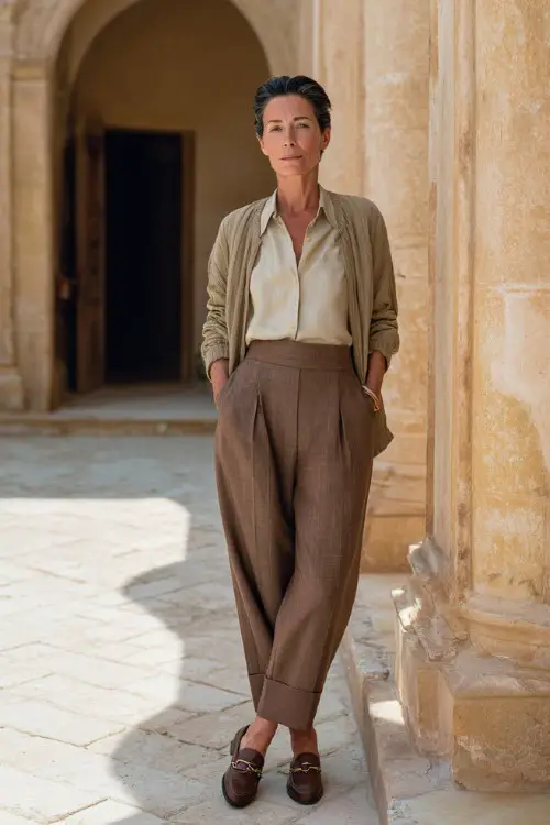 A woman over 40 wears tailored brown trousers with a linen shirt, lightweight cardigan, loafers, posing in a Mediterranean villa courtyard, full-body editorial portrait