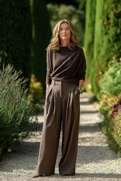 A woman over 40 wears wide-leg brown wool pants with a cashmere sweater draped over shoulders and low heels, photographed in a countryside estate garden