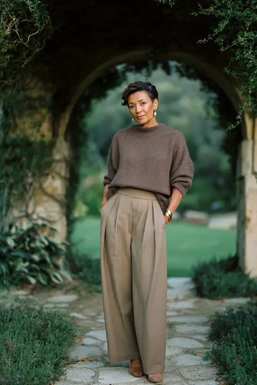 A woman over 40 wears wide-leg wool pants with a cashmere sweater draped over shoulders and low heels, photographed in a countryside estate garden 