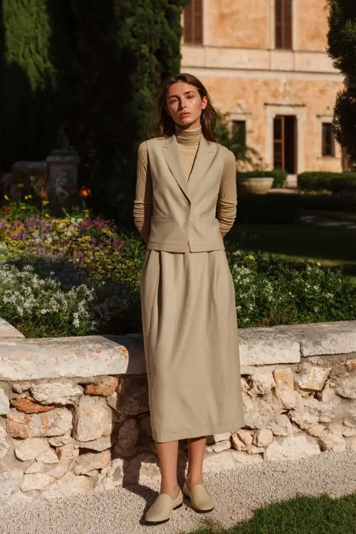A woman wears a beige tailored vest over a lightweight turtleneck with a flowing midi skirt and classic loafers, standing beside a historic villa garden, full-body fashion photography