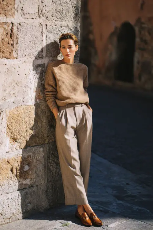 A woman wears a cashmere sweater tucked into tailored wool trousers with loafers, standing on a historic European street, full-body fashion photography 