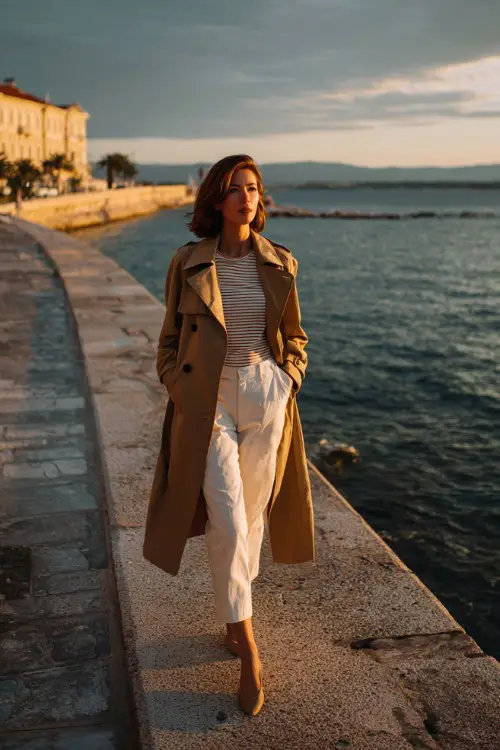A woman wears a classic trench coat over white trousers, Breton striped top, ballet flats, walking along a coastal promenade, full-body lifestyle fashion photography 