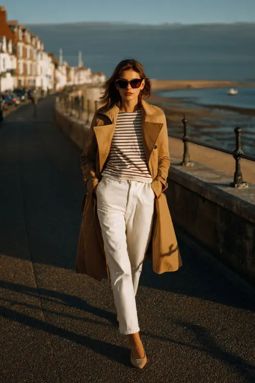 A woman wears a classic trench coat over white trousers, Breton striped top, ballet flats, walking along a coastal promenade, full-body lifestyle fashion photography