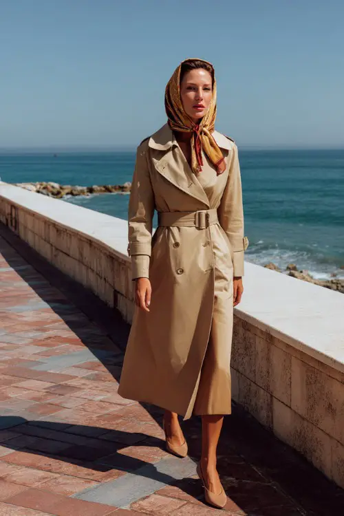 A woman wears a classic trench coat styled with a silk headscarf, midi dress, ballet flats, walking along a coastal promenade, full-body fashion photography