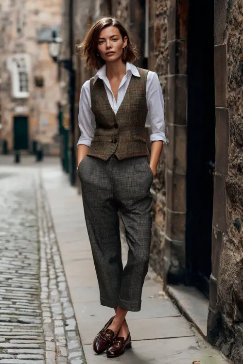 A woman wears a classic tweed vest over a fine cotton shirt with tailored ankle trousers and loafers, standing along a cobblestone street near historic buildings 